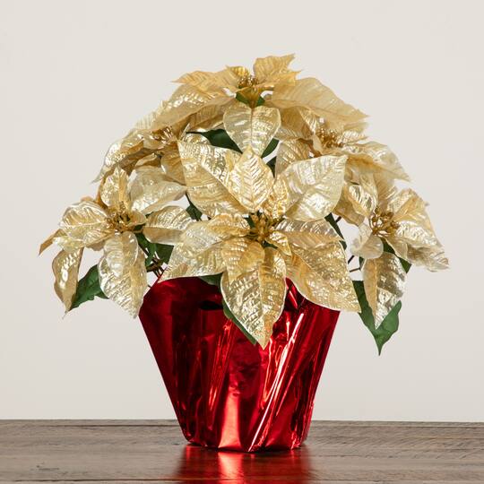 Nearly Natural 18" Gold Lush Velvet Artificial Poinsettia Arrangement in Red Wrapped Planter